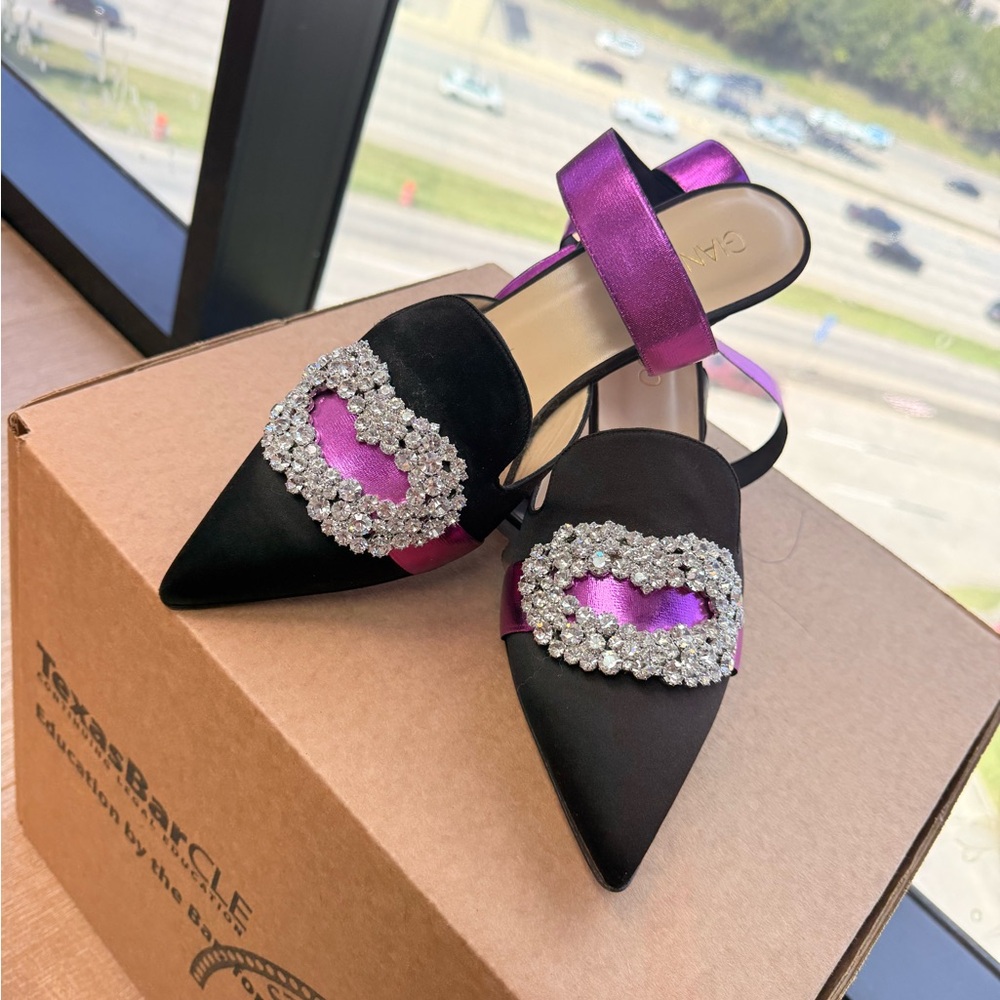 Elegant Black and Purple Heels with Crystal Accents